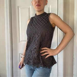 Rewind Charcoal Crochet Lace Sleeveless Mock Neck Top